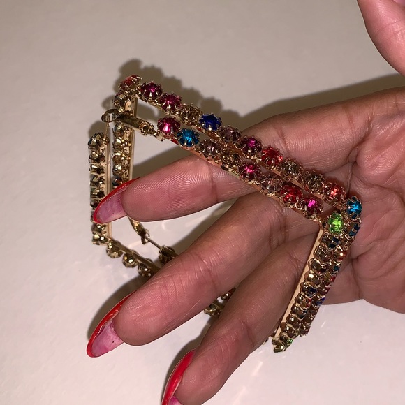 Square Multi Colored Crystal Earrings - Picture 7 of 8